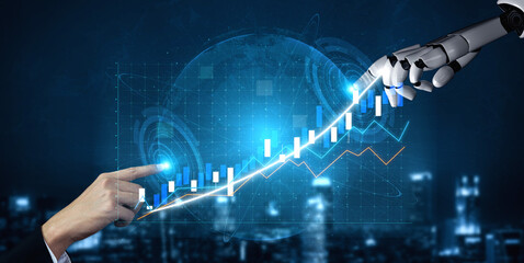 This image showcases the partnership between human and robotic hands interacting with a digital growth chart, symbolizing the future of data analytics and technology. Impute