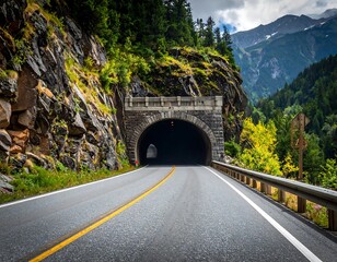 A winding road leads into a tunnel carved into a rocky mountainside with lush greenery and a mountain range in the distance