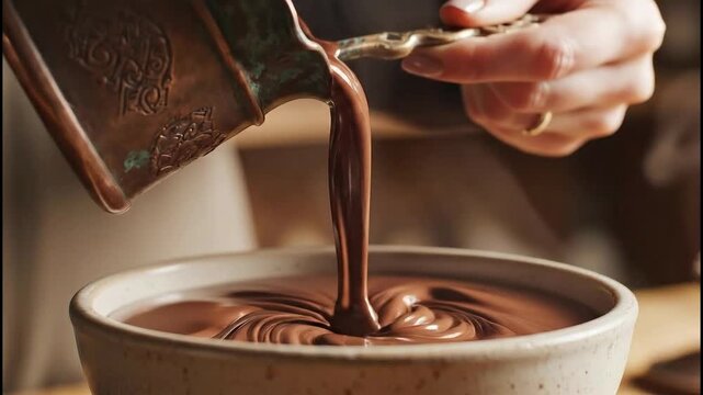 Pouring Rich Hot Chocolate from Copper Pot into Ceramic Bowl