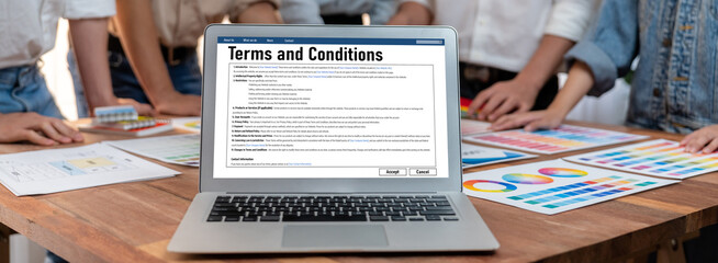 Digital legal contract provide terms and conditions document on computer screen ready for online...