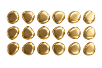 Collection of eighteen shiny golden irregular abstract stones on a pristine white background