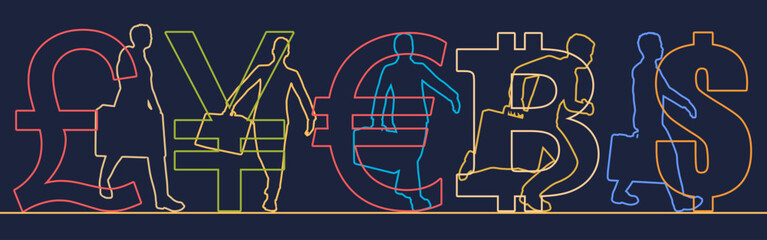 Business concept. Businessman silhouettes with currency symbols. Financial market and trading. Stock market traders.