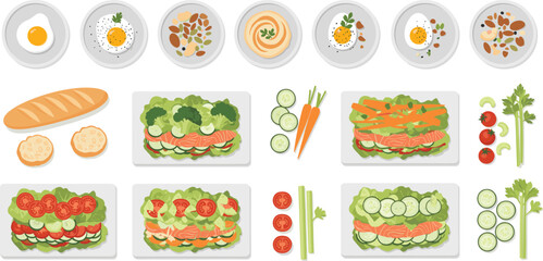 Healthy sandwich and breakfast food vector set with fresh vegetables, eggs, bread slices and balanced meal ingredients illustration