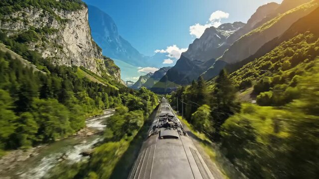 Train Journey through the Alps - A vibrant orange train traverses an old stone bridge over a flowing river in a lush green valley nestled within the majestic Alps.
