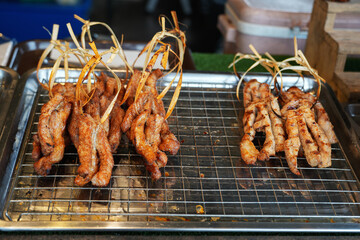 Sun-dried pork,Dried pork on stall in Thailand market, Selective focus