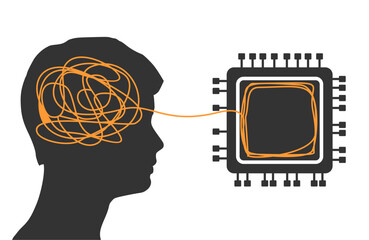 Artificial Intelligence hardware concept. Microchip with circuit. AI trading, machine learning, technology. Human head with tangle of ideas inside.