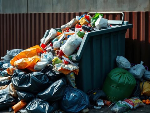 Overflowing trash bin with spilling garbage and waste bags piled around it, recycling, trash bag