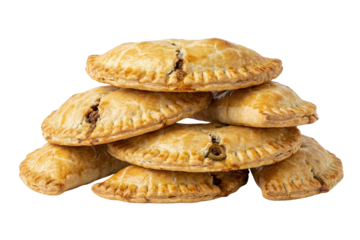 A stack of freshly baked golden empanadas with savory filling, isolated on white background