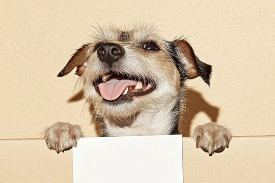 Happy scruffy terrier dog peeking over a blank sign with its paws. A joyful, shaggy dog with its tongue out and paws resting on a white sign, looking up expectantly against a plain background.