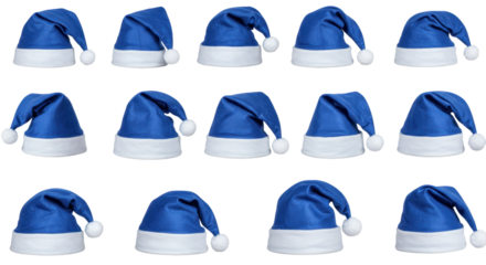 Festive Hats Array: A series of vibrant blue Santa hats, each adorned with a fluffy white pom-pom, arranged in an appealing pattern. The cheerful hats embody holiday spirit.