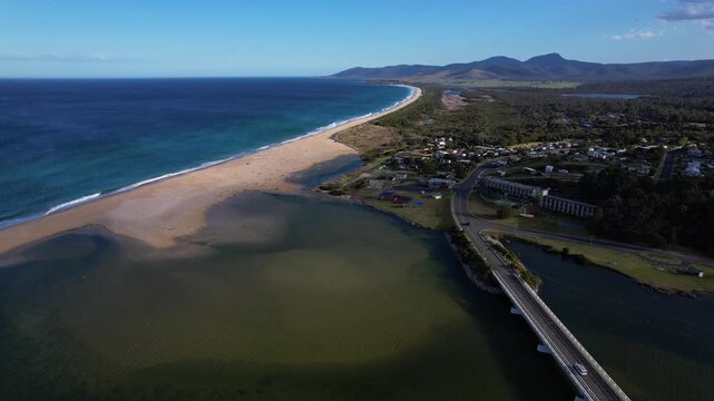Scamander River And Steels Beach In Tasmania, Australia - Aerial Drone Shot