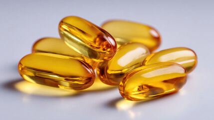 Pile of translucent yellow omega-3 fish oil capsules on a clean white background. A close-up shot of several softgel capsules filled with golden fish oil, highlighting their smooth texture and vibrant