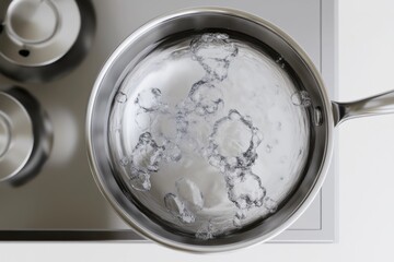 Stainless steel pot filled with boiling water on a modern stovetop, showcasing bubbles and steam in a kitchen environment, ideal for culinary visuals