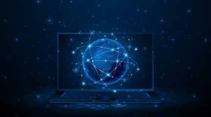Digital globe with glowing lines floating above a laptop. The concept of a global connectivity network. A world map. High-speed internet technology, or fast wireless data transmission.
