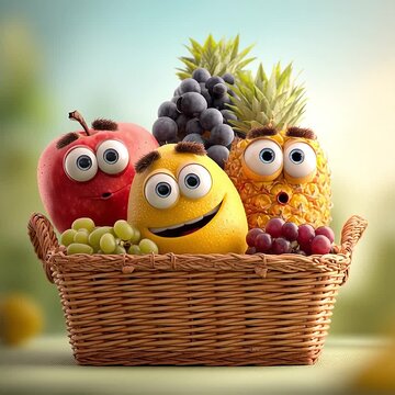 Animated fruit friends smiling happily from a wicker basket in sunny daylight