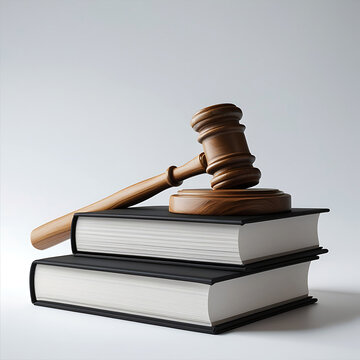 Wooden judge gavel resting on a stack of black law books, symbolizing justice and legal authority