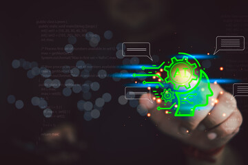 Adult man chatting with a smart AI or artificial intelligence using an artificial intelligence...