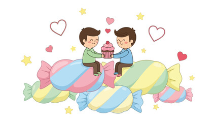 Sweet Treat Sharing: Two figures are sharing a cupcake amidst a colorful pile of wrapped candies, surrounded by hearts and stars, painted with joy and affection.