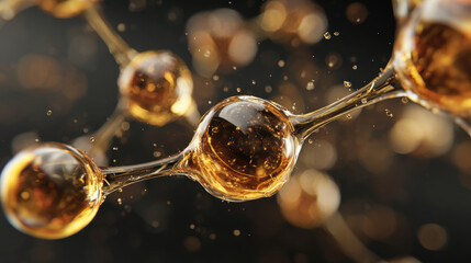 Abstract molecular structure with golden particles and bokeh effect on dark background. Close-up view of a 3D rendered molecular model featuring translucent spheres with golden inclusions.