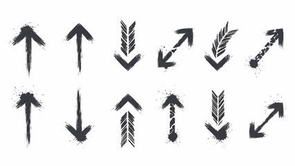 Set of grunge arrows with splashes pointing up, down, and diagonally for design elements