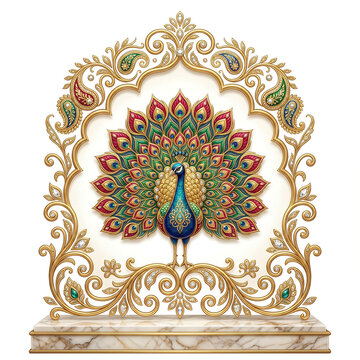 Ornate Peacock with Golden Frame and Paisley isolated on a transparent background
