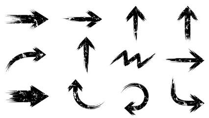 Collection of grunge-style black arrow graphics for navigation, direction, and design elements