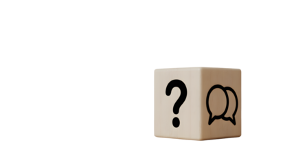 Wooden block featuring question mark and dialogue bubbles evokes uncertainty, communication, and discussion