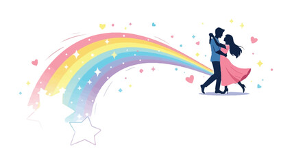 Dancing Under the Rainbow: A silhouette of a couple dances gracefully, embraced by a vibrant rainbow. A celebration of love and unity, perfect for conveying themes of togetherness, romance.