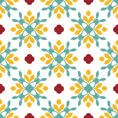 Green, yellow, and red ikat abstract seamless pattern illustration in traditional style. Ikat vintage flower pattern. Portuguese tiles. Spanish pottery. Wallpaper, textiles, and rugs.