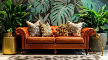 Elegant interior design features a rich brown leather sofa set against a lush botanical wallpaper backdrop
