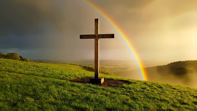 Serene Cross Under a Rainbow - A wooden cross stands prominently on a lush green hillside, bathed in the warm light after a rain shower.