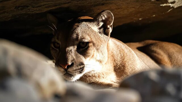 Resting Cougar Illuminated by Sunlight in Rocky Environment