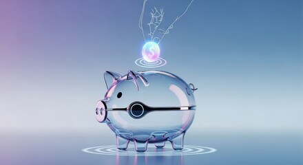 Modern glass piggy bank with digital coin saving