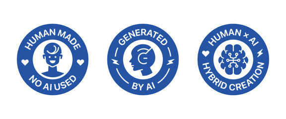 Badge set mix of No AI used, Generated by AI, and Human x AI sign, symbol and sticker labelling