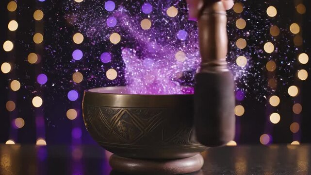 Mystic Bowl with Magical Particles - A beautifully crafted, vintage bronze bowl sits on a dark surface, while a wooden pestle hovers above it, releasing a swirl of vibrant purple and sparkly