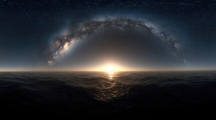 Breathtaking night sky with Milky Way galaxy and stars over calm water at sunrise or sunset. Stunning natural landscape showing universe beauty and serene cosmic view over reflective ocean or lake.