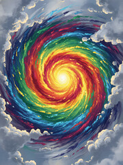 Colorful spiral weather map visualizes hurricane path with red core. Storm intensity shown by rainbow spectrum over dark ocean surface. Meteorological data predicts severe weather system. Weather 