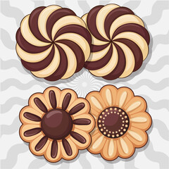 Assortment of delightful homemade cookies with chocolate swirl and floral designs Vector