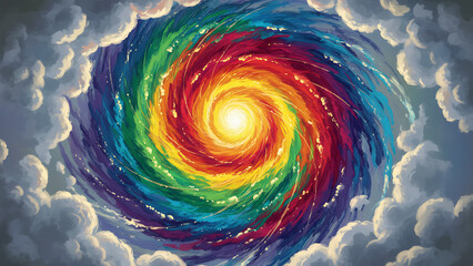 Colorful spiral weather map visualizes hurricane path with red core. Storm intensity shown by rainbow spectrum over dark ocean surface. Meteorological data predicts severe weather system. Weather 