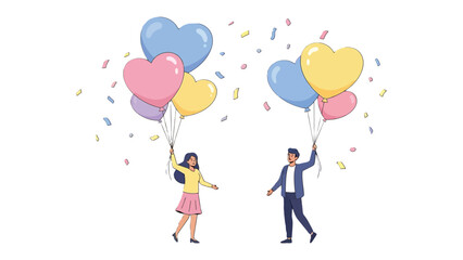 Love's Celebration: A tender moment unfolds as a couple, bathed in colorful confetti, holds aloft heart-shaped balloons, symbolizing joy and togetherness.