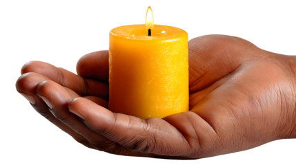 A hand holding a glowing candle, symbolizing hope and light, isolated on a Transparent background