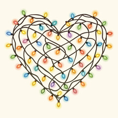 Colorful tangled string lights forming a vibrant heart shape, symbolizing love and festivity Vector illustration