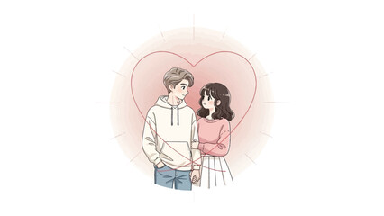 Heartfelt Gaze: A tender illustration depicts a couple sharing a loving glance, symbolizing the warmth of connection and affection in front of a soft pink heart.