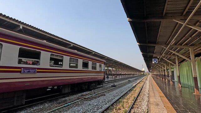 Passenger Train Departing Classic Bangkok Railway Station Platform