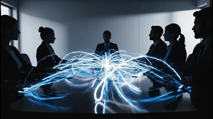 Business team silhouettes around conference table with glowing blue data network trails - Powered by Adobe