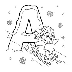 Obraz premium Letter A penguin sledding coloring page. Cute cartoon alphabet illustration. Happy penguin sledding down a snowy hill next to the icy letter A. Fun winter activity for kids