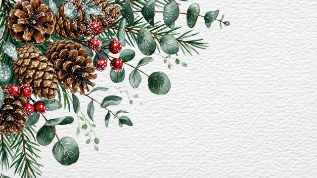 Festive Pinecone and Berry Arrangement - This artistic video features a beautiful arrangement of pinecones, vibrant red berries, and green foliage set against a textured white background.