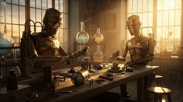 Steampunk Robots In Vintage Lab Golden Hour Lighting