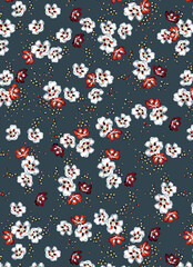 Abstract solid vector textile design, arrangement with a small, simple hibiscus flowers, all-over seamless pattern with red and white tone color illustration, digital image printing factory