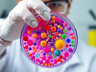 Obraz premium Scientist carefully selects petri dish containing colorful bacterial colonies, various sizes and shapes, medical, colony-forming unit